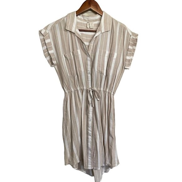 Japna Womens Cream Tan Striped Drawstring Waist Pockets Mini Shirt Dress Small - Picture 1 of 8